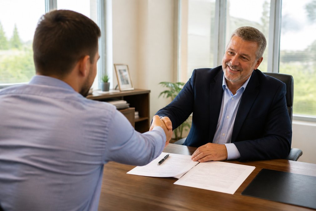 Professional insurance agent in business attire sitting at a desk across from a client, reviewing printed policy documents and discussing coverage options with a handshake, natural office lighting with windows