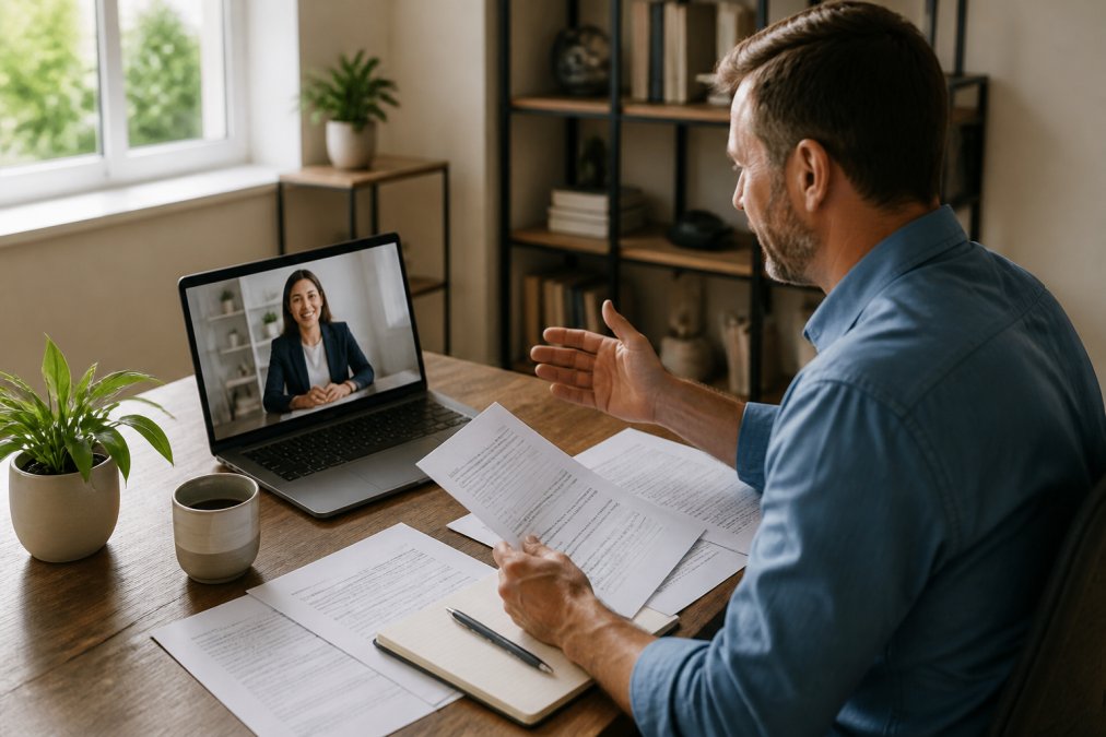 Person in home office on video call with insurance representative visible on laptop screen, discussing claim details with documents and notes on desk, warm natural lighting