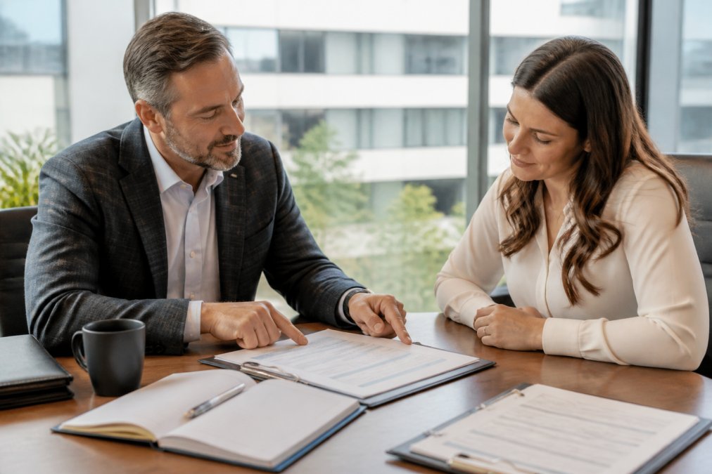 Financial advisor and client sitting across from each other at a professional desk reviewing investment documents and discussing portfolio strategy in a modern office setting with natural lighting