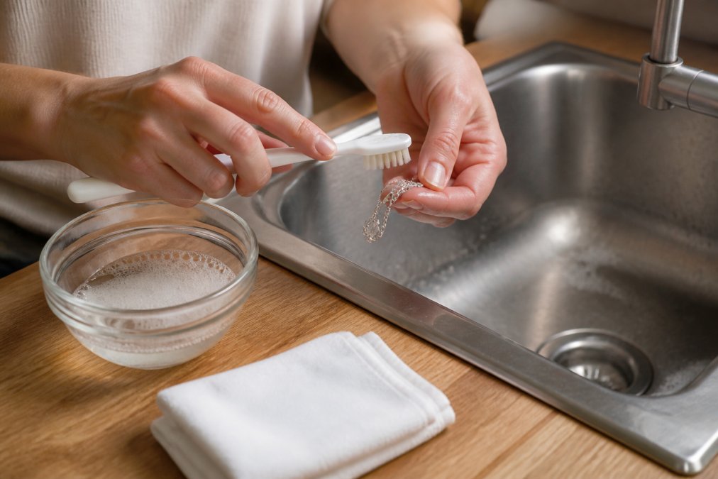 Hands carefully cleaning a personalized silver necklace with a soft-bristled toothbrush and warm soapy water over a sink, with lint-free cloth and small bowl nearby on wooden counter