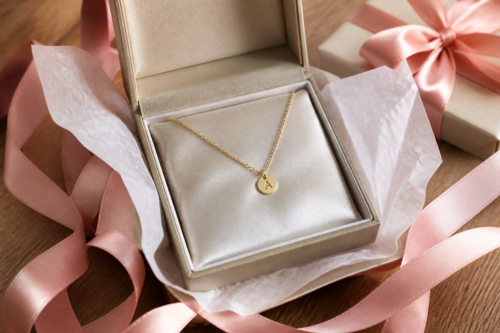 Close-up of an open luxury jewelry gift box displaying a delicate personalized initial necklace with rose gold chain, surrounded by tissue paper and elegant ribbon in soft natural lighting
