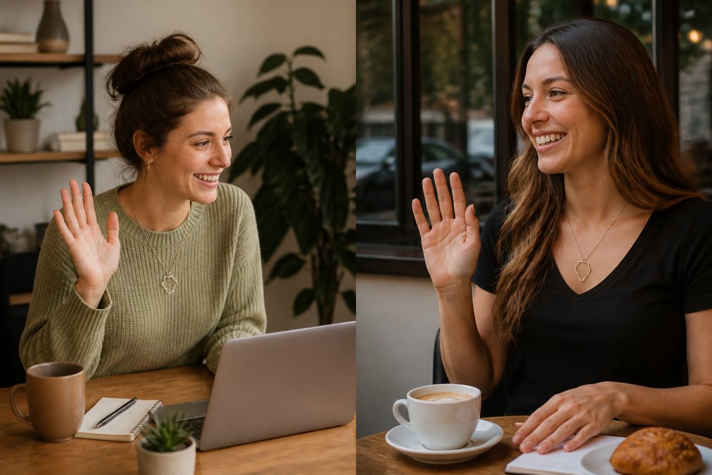 Two friends wearing matching engraved state outline necklaces, one sitting at a home desk and one at a coffee shop, both smiling while on a video call together