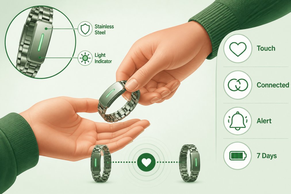 Close-up of hands exchanging smart bracelets, showing the device's jewelry-like design with stainless steel band and light indicator