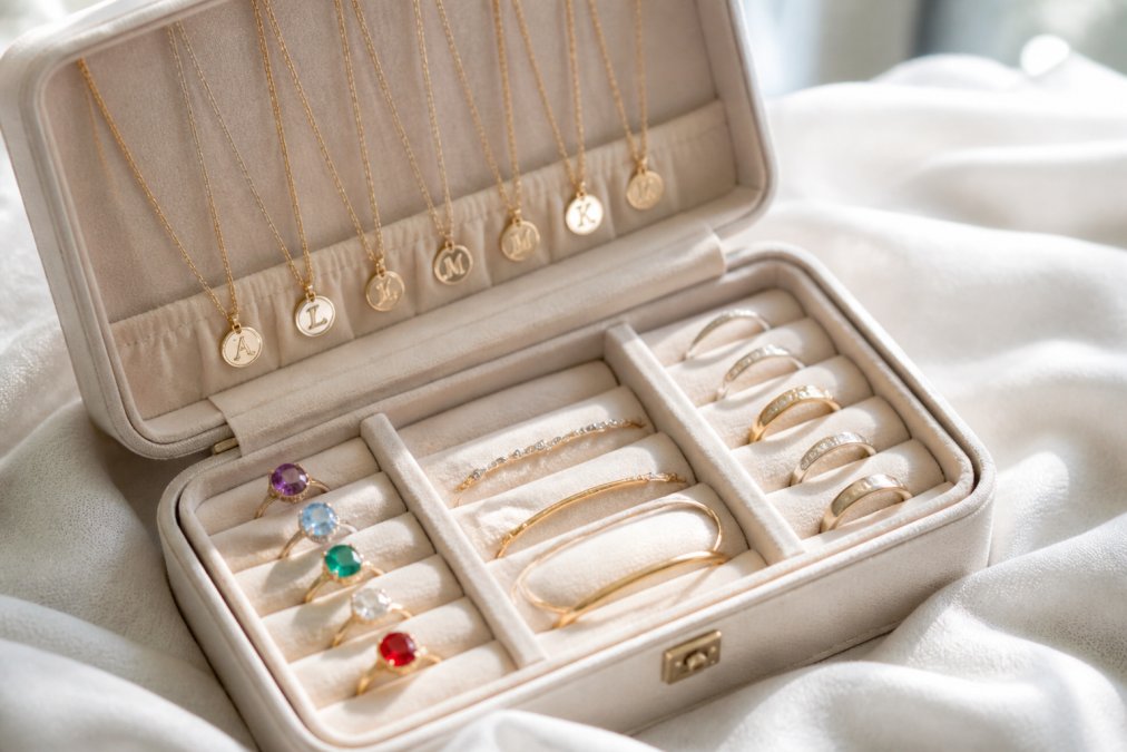 Open jewelry box displaying various personalized pieces including engraved necklaces with initials, birthstone rings in multiple colors, and anniversary bands arranged on soft white fabric with natural window lighting
