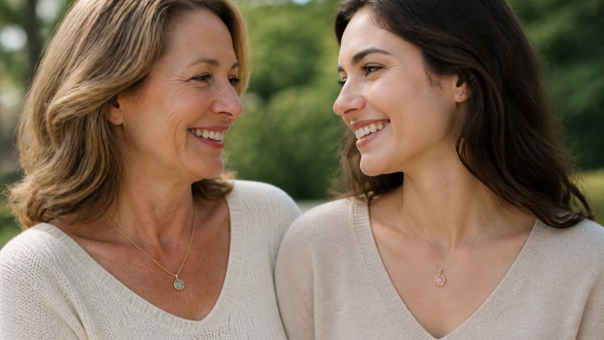 A mother and adult daughter standing close together in natural outdoor light, both wearing matching personalized necklaces with visible birthstone pendants, smiling warmly at each other