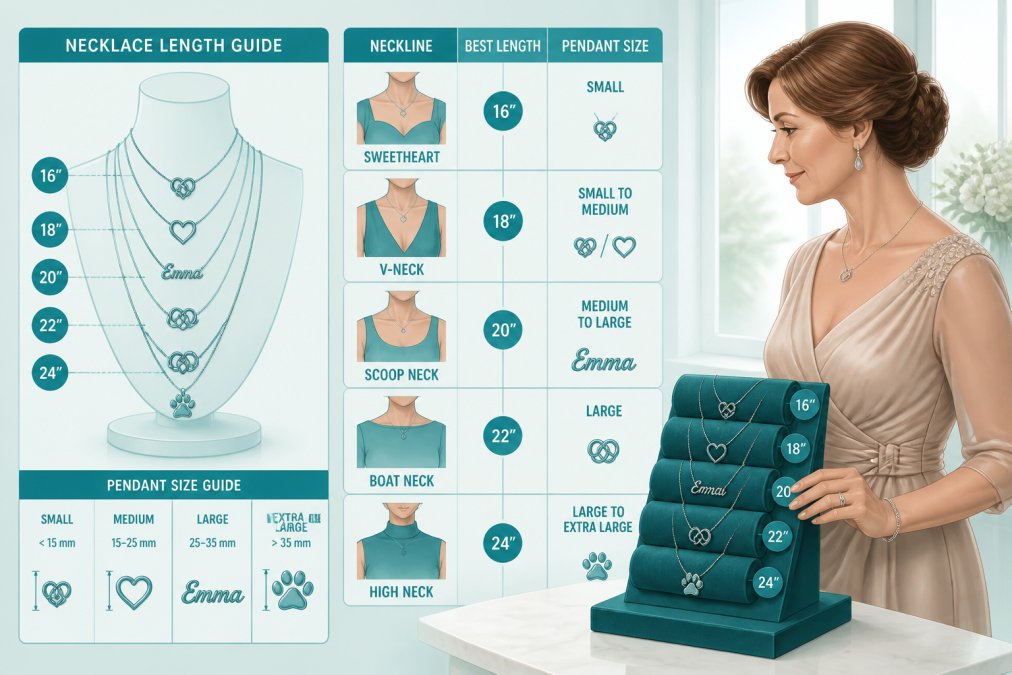 Mother of the bride in elegant champagne-colored dress examining various personalized necklace styles displayed on a jewelry stand, showing how chain length and pendant size coordinate with different necklines, natural window lighting