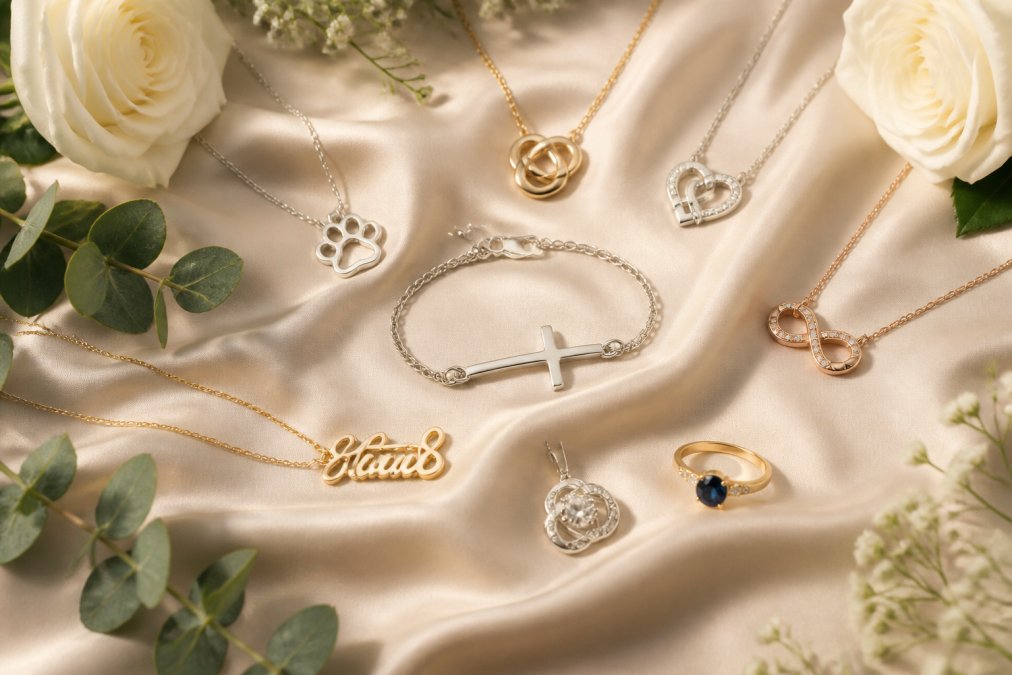 Elegant flat lay of personalized jewelry pieces including engraved necklaces, charm bracelets, and birthstone rings arranged on soft ivory silk fabric with white roses and greenery, warm natural lighting from above