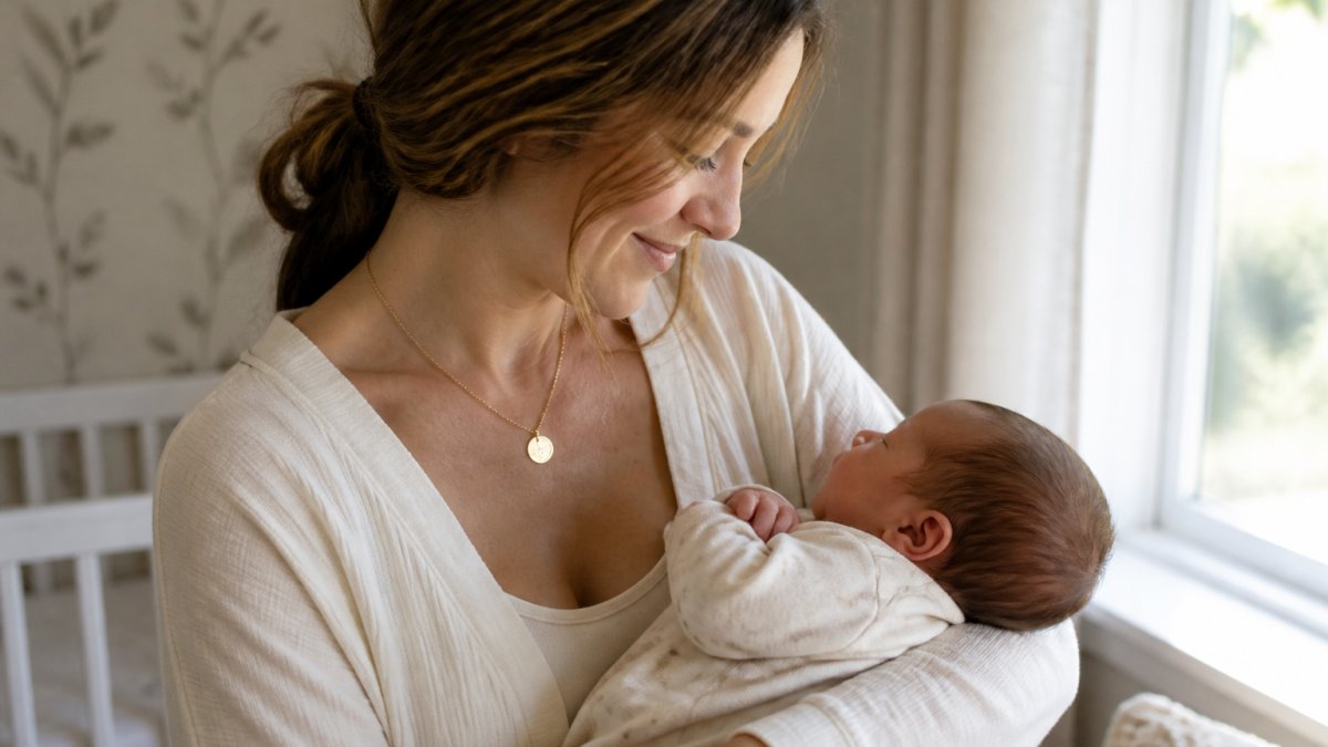 A new mother wearing a delicate personalized gold necklace while holding her newborn, soft natural lighting from a window, intimate family moment in a bright nursery