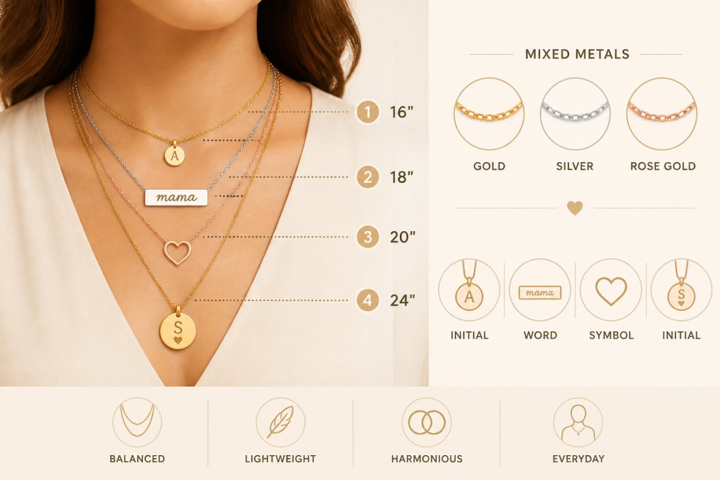 Close-up of a woman wearing layered necklaces in mixed metals, gold, silver, and rose gold, showing how personalized pieces work together without appearing cluttered