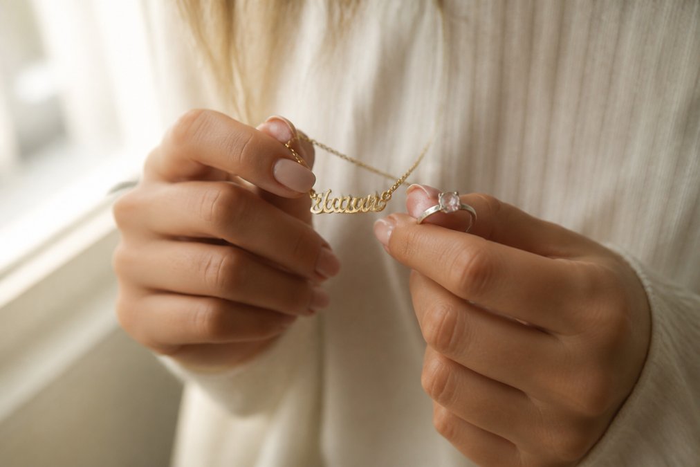 A close-up of a woman's hands gently holding a delicate gold name necklace and a sterling silver birthstone ring, soft natural window light, warm and sentimental mood