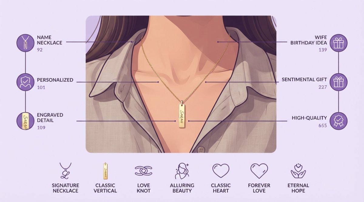 Close-up of a woman's neckline wearing a delicate gold name necklace, soft natural lighting highlighting the engraving detail against warm skin tones, casual linen shirt in the background