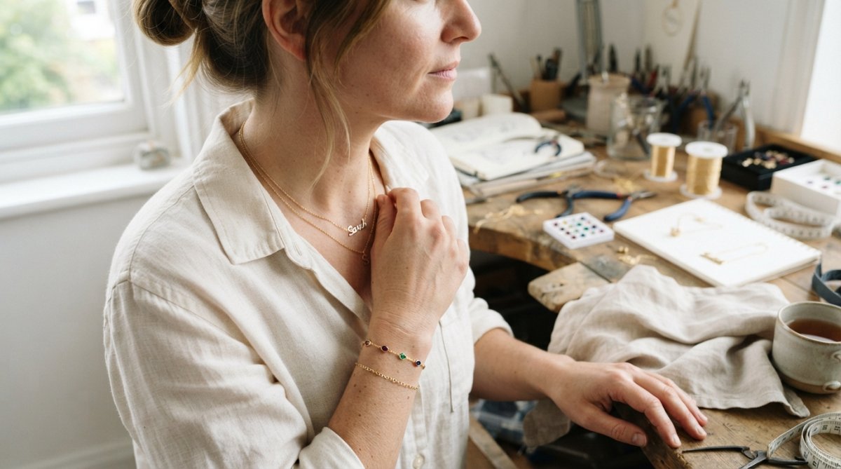 A woman's wrist and collarbone area showing layered personalized jewelry, a delicate gold name necklace at the collarbone, a thin birthstone bracelet on the wrist, and a small initial pendant on a longer chain, styled with a casual cream linen shirt in soft natural light