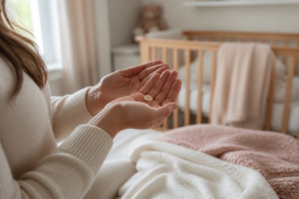 A close-up of a new mother's hands gently holding a delicate gold necklace with a tiny initial pendant, soft natural light from a nearby window, a blurred nursery setting in the background with a crib and soft blankets