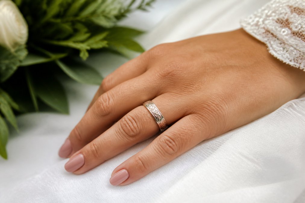 Close-up of a bride's hand wearing an engraved personalized wedding band with delicate script lettering, soft natural light highlighting the metalwork and engraved details on white linen