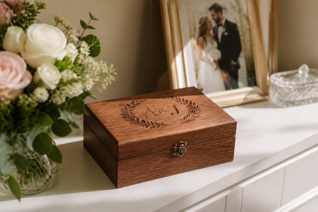 A personalized wooden keepsake box with engraved initials and wedding date displayed on a shelf alongside wedding flowers, a framed wedding photo, and soft natural light highlighting the craftsmanship