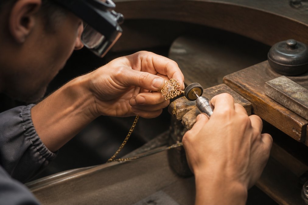 Close-up of a jeweler's hands examining and polishing a handcrafted gold necklace at a workbench under bright task lighting, showing intricate metalwork and quality finish details