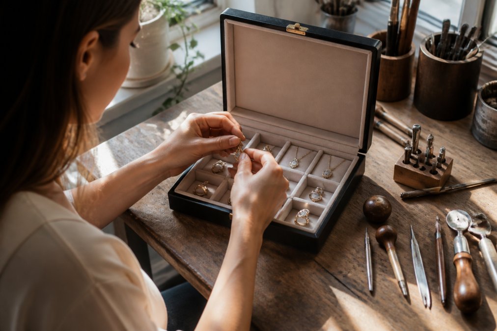 Person carefully examining personalized jewelry samples in a luxury gift box with natural window lighting, highlighting the craftsmanship and fine details of each piece