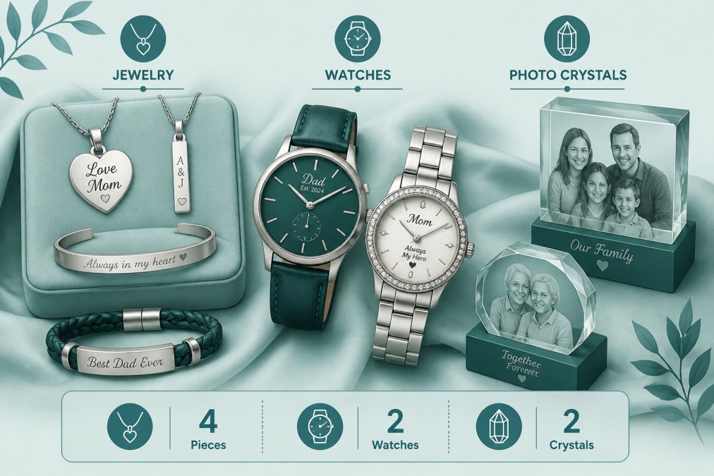 Close-up of beautifully displayed personalized jewelry pieces, engraved watches, and custom photo crystals arranged on soft fabric with warm natural lighting, showing the quality and care of keepsake items