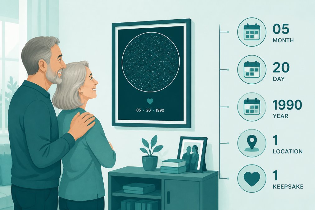Mature couple smiling while admiring a framed custom star map on their living room wall, showing how anniversary keepsake gifts are displayed and cherished in a home setting with warm lighting