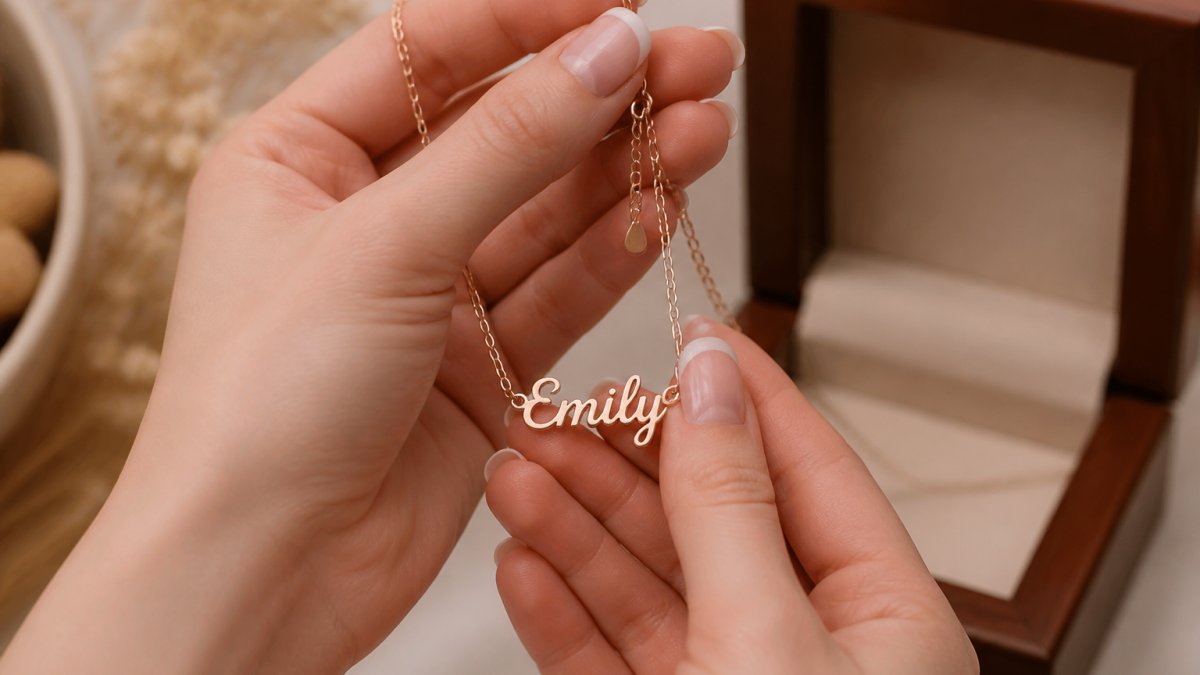 Close-up of hands holding a delicate custom name necklace with an adjustable cable chain, showing the precise detail and high-polish finish of handcrafted jewelry against a soft, warm background with natural lighting