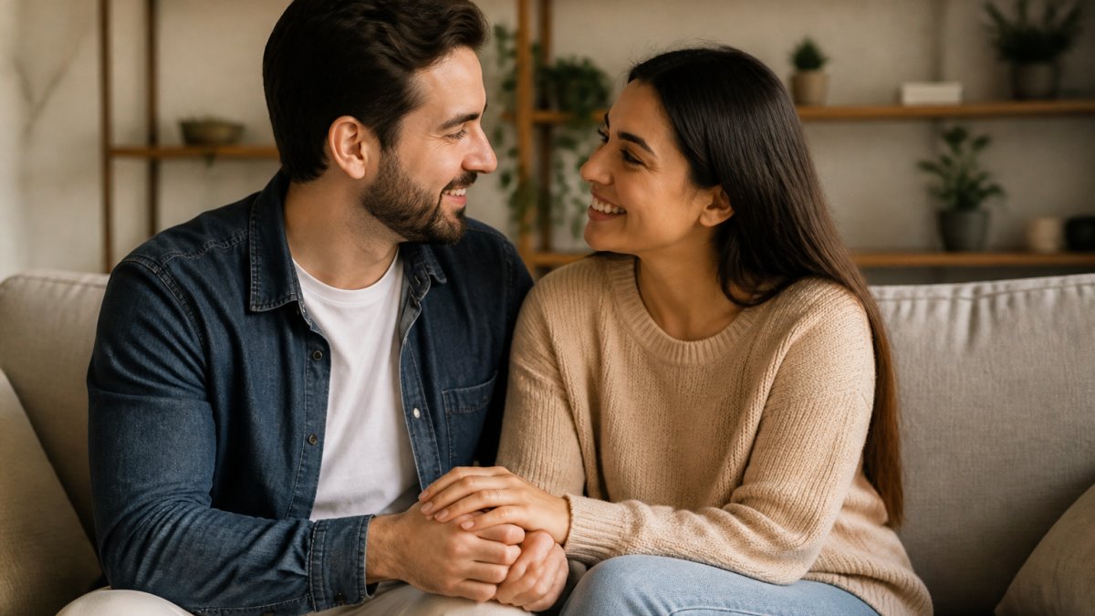 Happy couple holding hands and smiling at each other with soft natural lighting in a warm home setting, wearing casual clothing