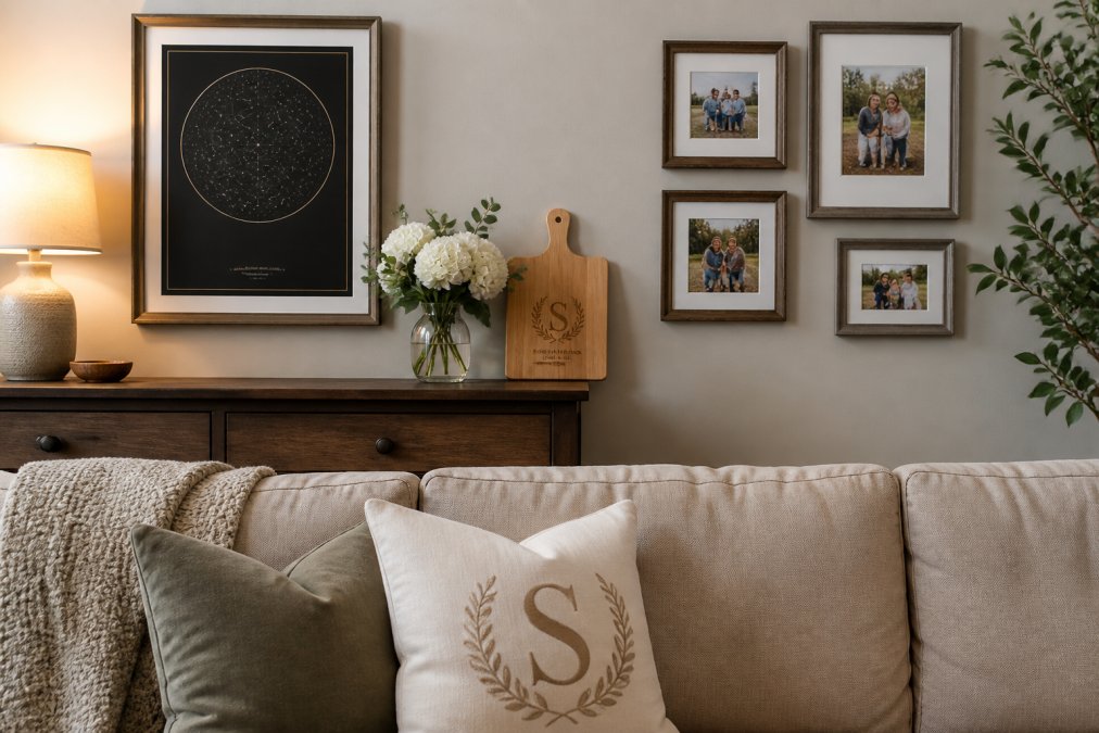 Styled living room displaying multiple personalized home decor pieces together: a framed star map print on the wall above a console table, a custom engraved cutting board leaning against the wall, personalized wall art showing family photos in coordinating frames, and a monogrammed throw pillow on a neutral sofa, with warm ambient lighting and fresh flowers on the console