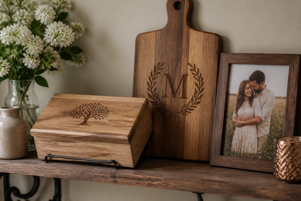 Close-up of a home decor vignette on a shelf showing a personalized keepsake box with custom engraving, a monogrammed cutting board leaning against the wall, a framed personalized photo print, and coordinating neutral home accents with warm ambient lighting and fresh flowers