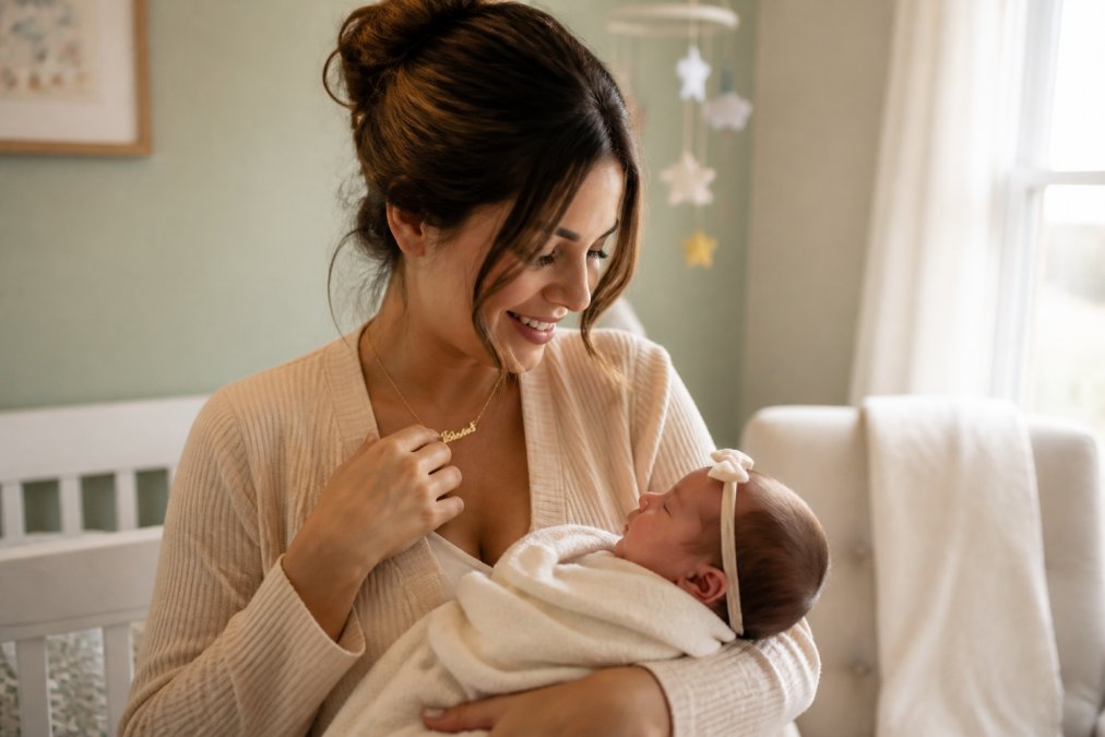 A new mother wearing a delicate personalized name necklace, gently touching the pendant while holding her newborn in a bright, softly lit nursery