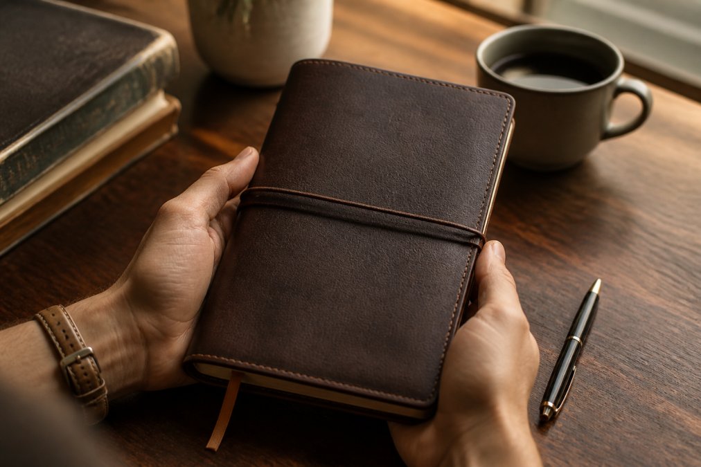 A close-up of hands holding a personalized leather journal with a ribbon bookmark, resting on a wooden desk next to a pen and a cup of coffee, warm natural light