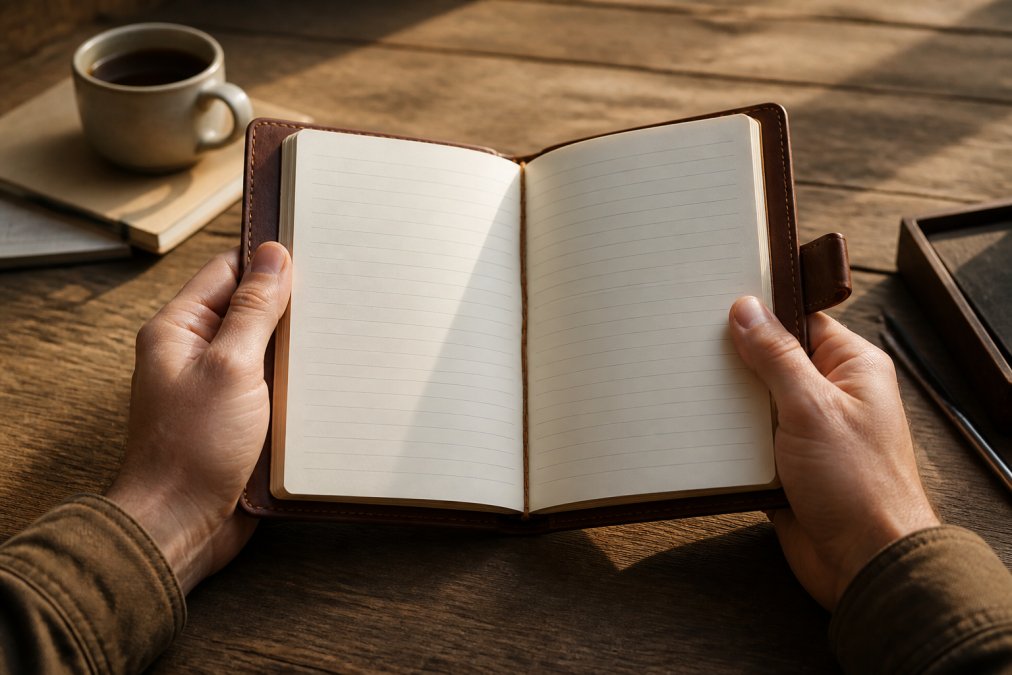 Man's hands holding an open leather journal with lined pages, showing the supple vegan leather texture and professional aesthetic in natural daylight on a wooden desk