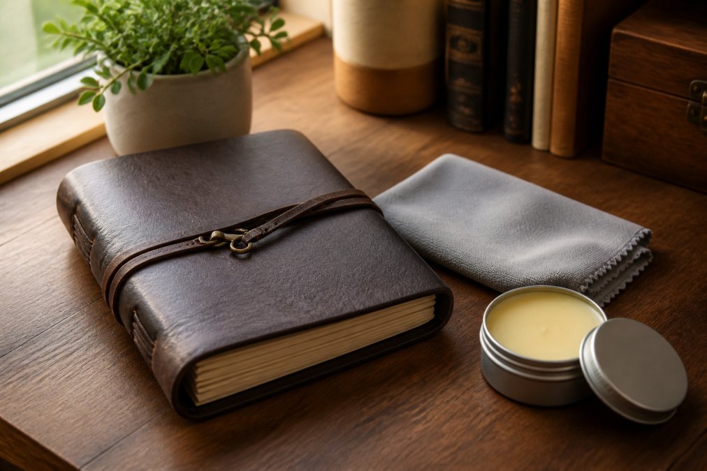 A leather journal displayed on a desk with a soft microfiber cloth and leather conditioner nearby, showing proper care and maintenance items in natural light