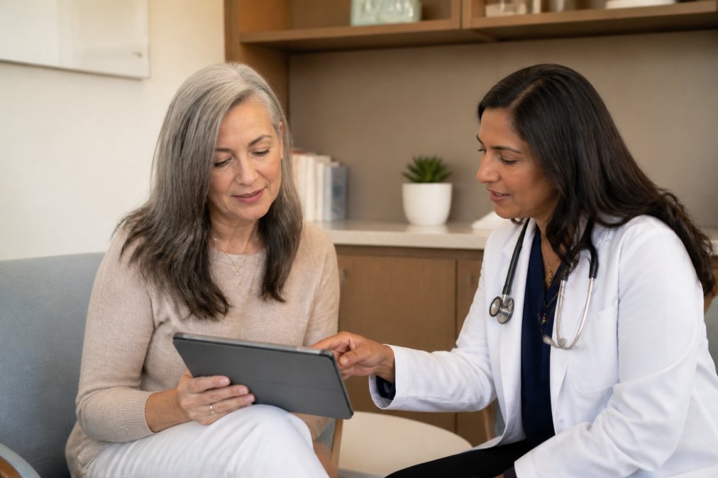 A woman in her 50s reviewing health data on a tablet in a bright, modern medical office, with a female doctor consulting beside her