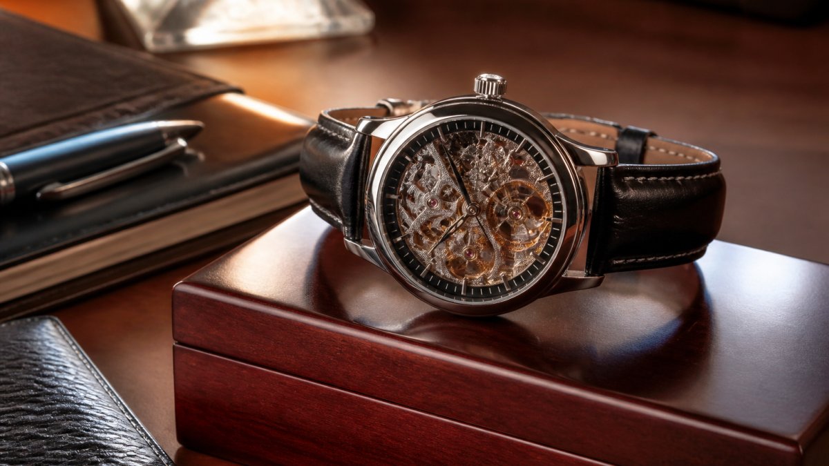 Luxury automatic watch with a skeleton dial on a mahogany gift box
