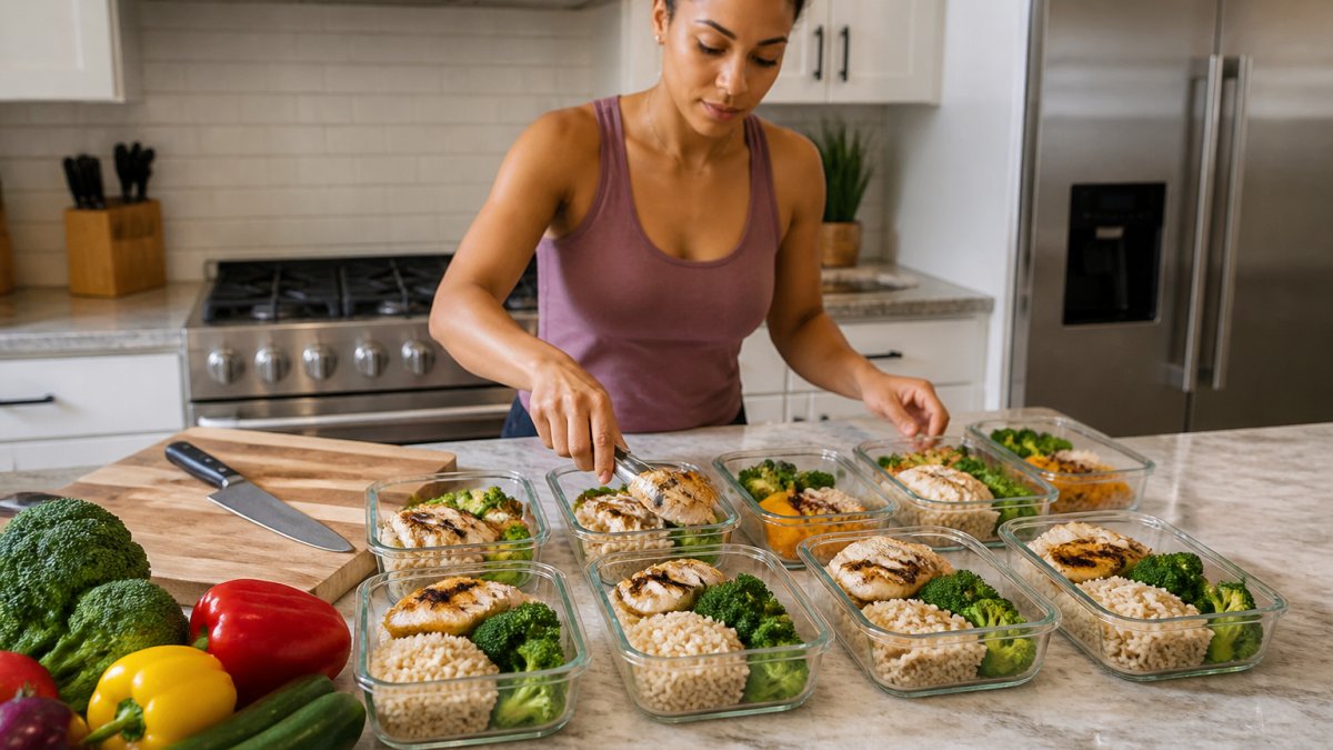 A person in a home kitchen portioning grilled chicken, brown rice, and steamed vegetables into clear glass meal-prep containers on a counter lined with fresh produce