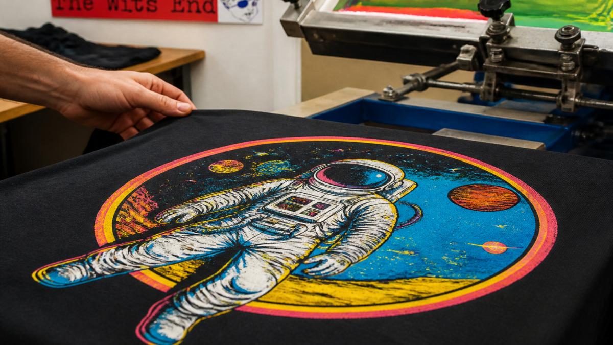 Close-up of a hand-screened graphic on a high-quality t-shirt showing vibrant ink colors and fine detail of the print texture against natural lighting