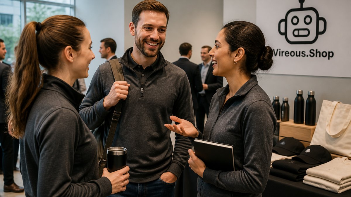 Professional team members wearing custom branded apparel at a corporate networking event, smiling and engaged in conversation, with personalized merchandise visible in the background