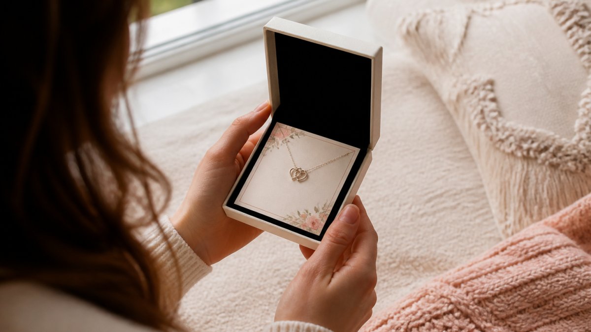 Hands opening a luxury box to reveal delicate message card jewelry for wife under soft window light