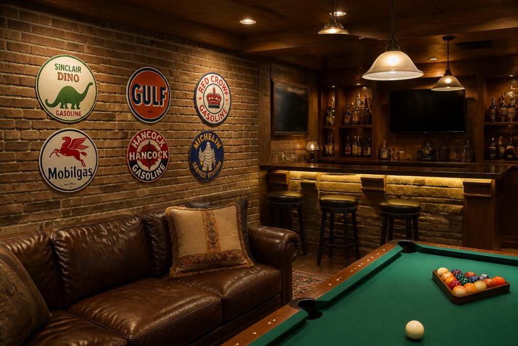A basement man cave or game room with multiple personalized metal signs mounted on exposed brick or wood-paneled walls, including vintage automotive and custom bar-themed signs, warm lighting from wall sconses and neon accents, showing the signs in context with leather seating and a pool table or bar area