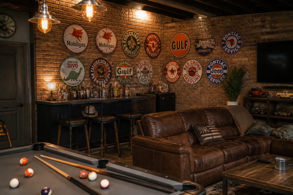 Professional illustration showing signs and basement and man concepts for personalized metal signs for home bars