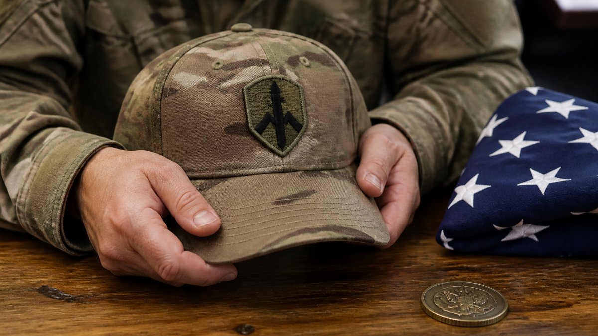 Close-up of a soldier's hands holding an embroidered military cap with a unit patch, resting on a wooden table next to a challenge coin and a folded American flag