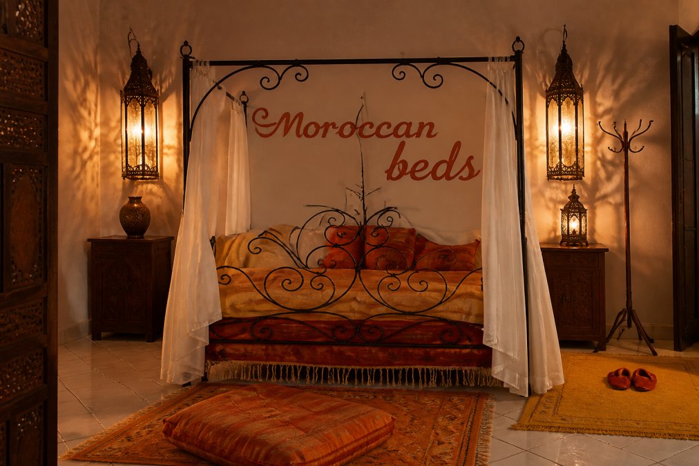 Luxurious bedroom featuring an ornate hand-carved Moroccan bed frame with intricate geometric designs in dark wood, layered with rich jewel-toned textiles, brass lanterns casting warm patterns on walls, and soft ambient lighting creating an intimate sanctuary