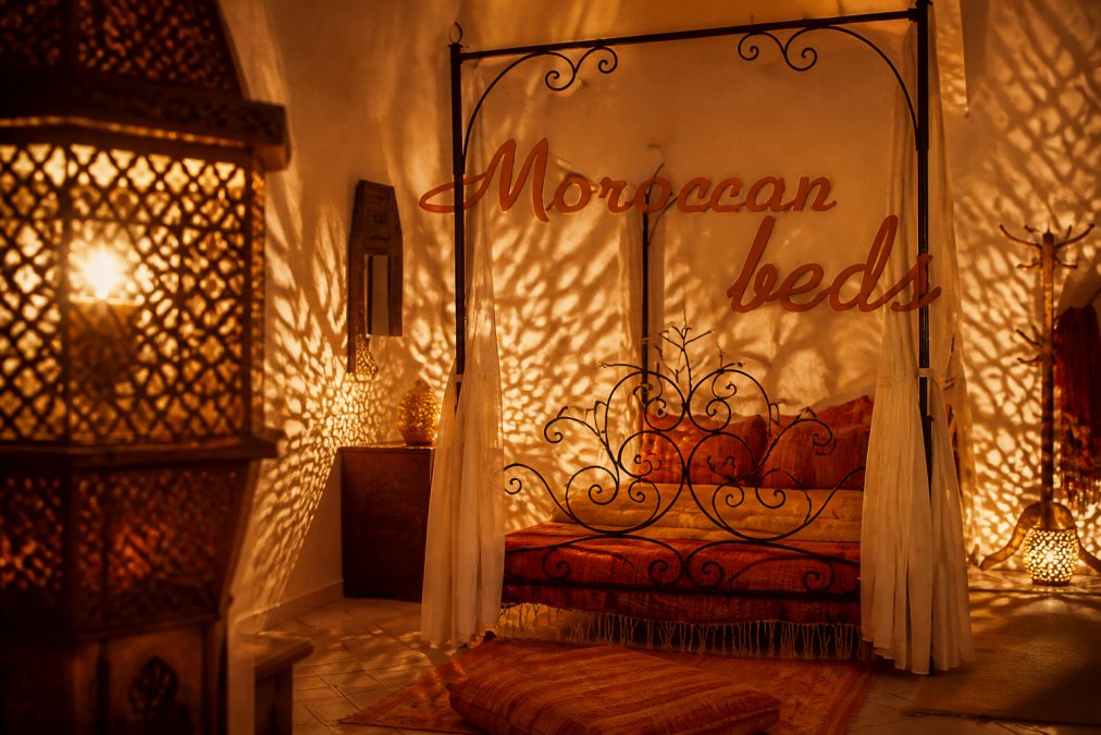 Close-up of an ornate brass Moroccan lantern with intricate geometric cutouts casting warm golden shadow patterns across hand-woven textiles and a bedroom wall, creating a cozy medina-inspired ambiance with soft ambient light
