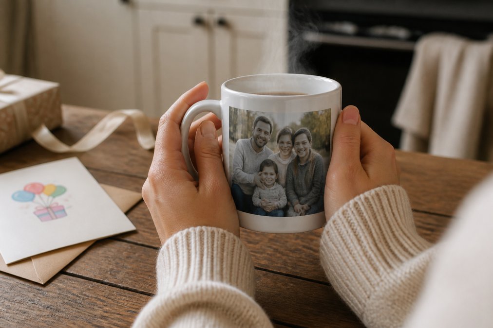 Close-up of hands holding a white ceramic mug with a printed family photo, steam rising, placed on a wooden kitchen table with a birthday card and ribbon nearby