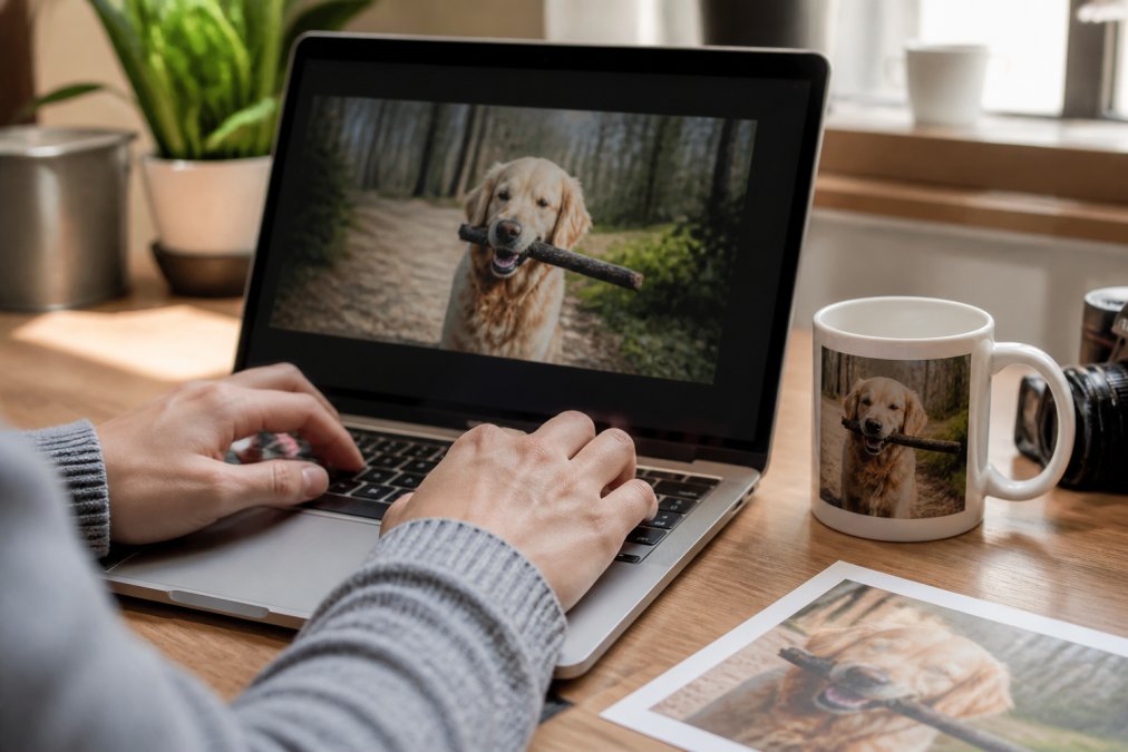 Close-up of hands using a laptop to upload a high-resolution photo onto a custom mug design interface, with a finished white ceramic mug placed beside the keyboard on a wooden desk in warm natural light
