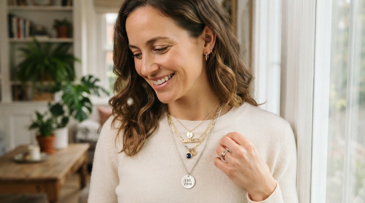 Woman wearing a delicate gold custom name necklace in script font layered with other pendant necklaces, photographed in natural daylight with soft focus background
