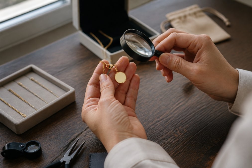 Close-up of hands carefully holding a personalized necklace pendant under natural window light, examining the engraving depth and clasp mechanism with a magnifying lens