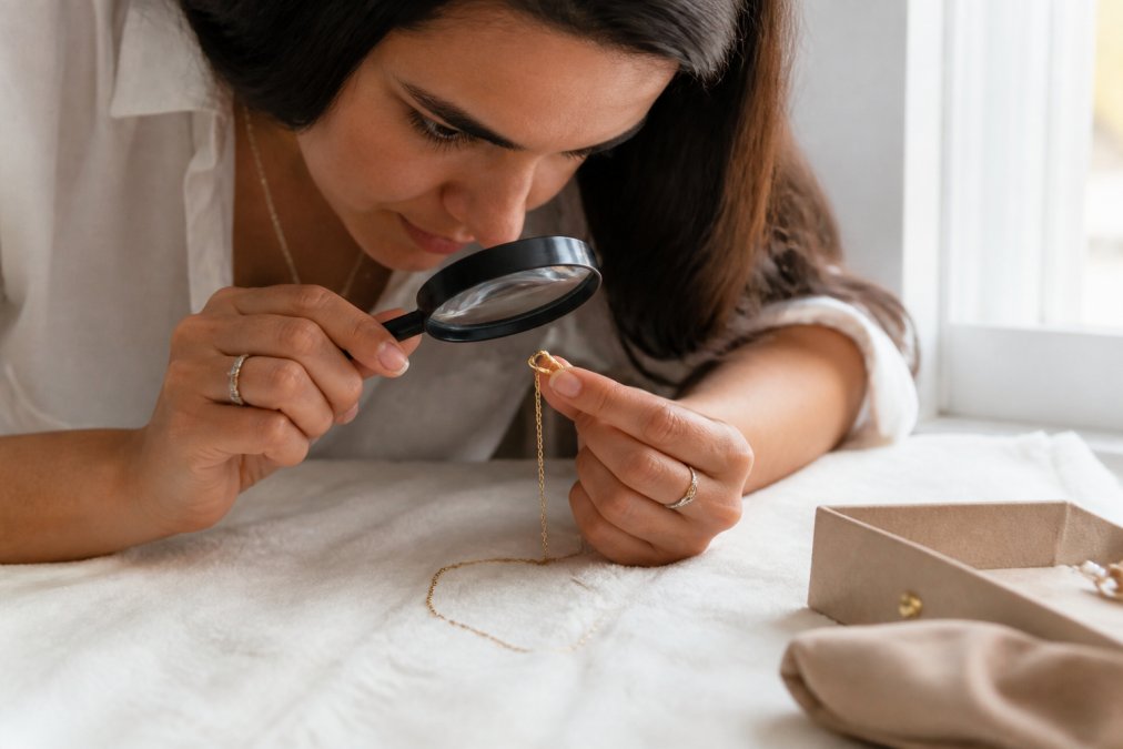 Woman carefully examining a personalized necklace on a soft white surface, using a magnifying lens to inspect chain links and the pendant's clasp mechanism in bright natural daylight