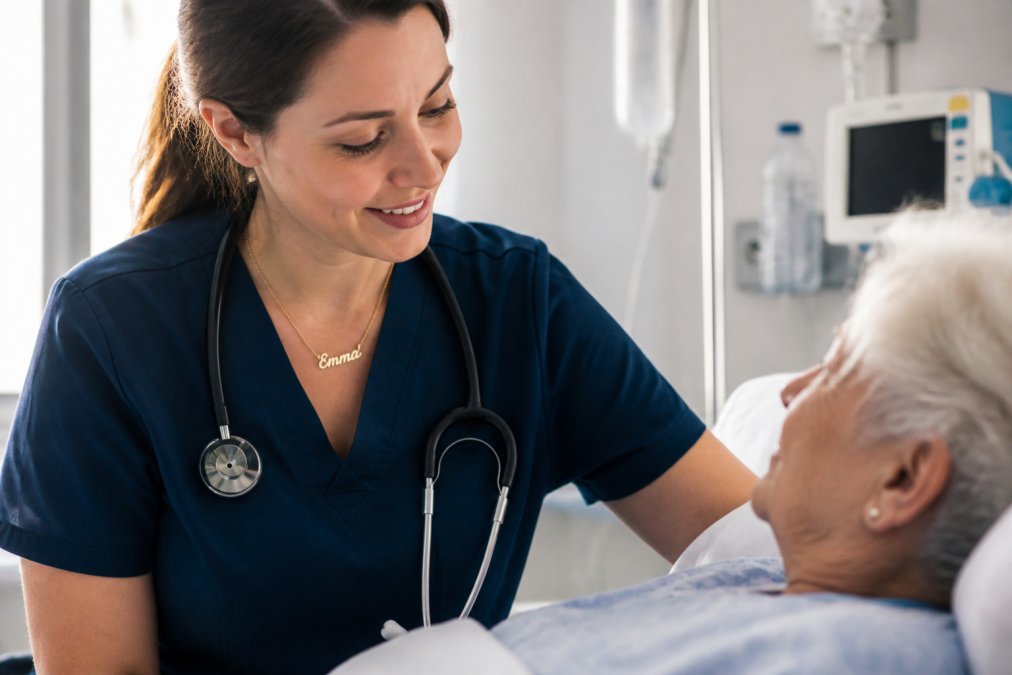 Close-up of a nurse wearing a delicate personalized name necklace while caring for a patient in a bright hospital room, the pendant visible against her scrubs