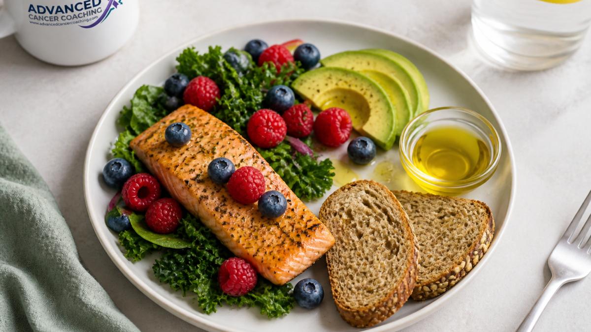 Overhead view of a colorful Mediterranean-style plate with grilled salmon fillet, fresh berries scattered across, dark leafy greens, whole grain bread, olive oil drizzle, and sliced avocado arranged naturally on white ceramic