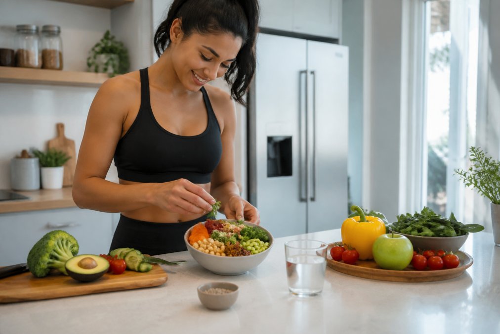 Person preparing a colorful bowl of vegetables and grains for personalized nutrition in a bright kitchen